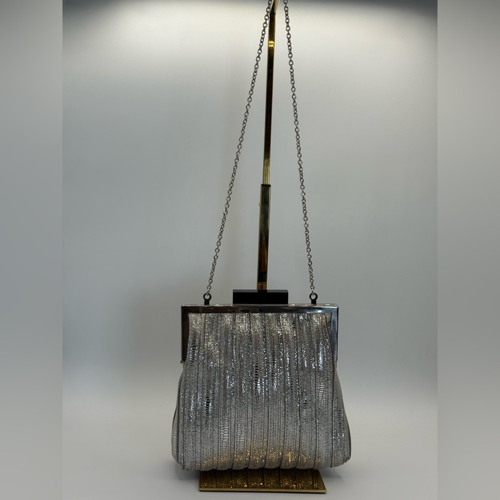 Annabel Ingall Platinum Lame' Leather Convertible Clutch Bag - Picture 10 of 17